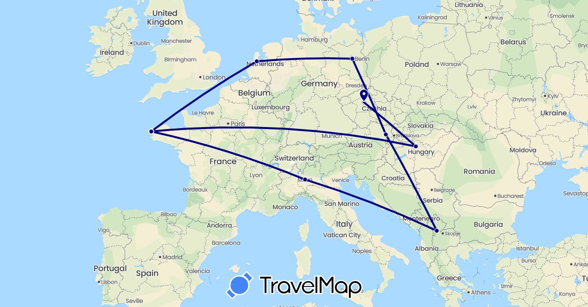 TravelMap itinerary: driving in Austria, Czech Republic, Germany, France, Hungary, Italy, Netherlands, Kosovo (Europe)