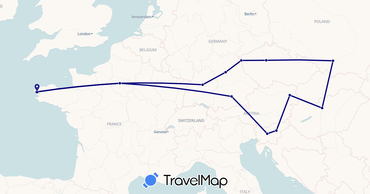 TravelMap itinerary: driving in Austria, Czech Republic, Germany, France, Hungary, Poland, Slovenia (Europe)